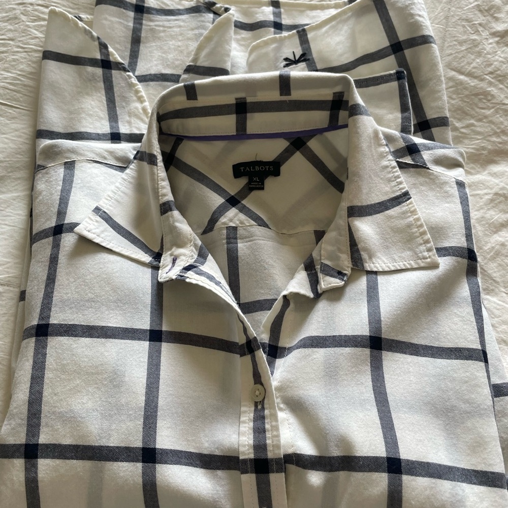 Talbots White and Black Plaid Long Sleeve XL